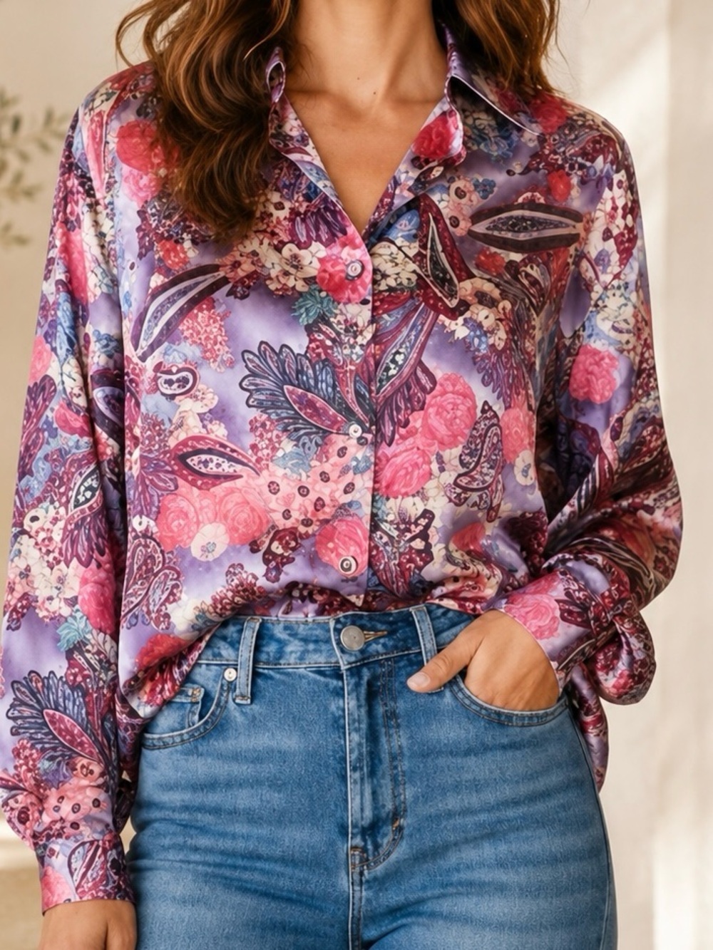 Judy Knapp Purple Paisley Floral Satin Blouse Rose Button Longline Size M